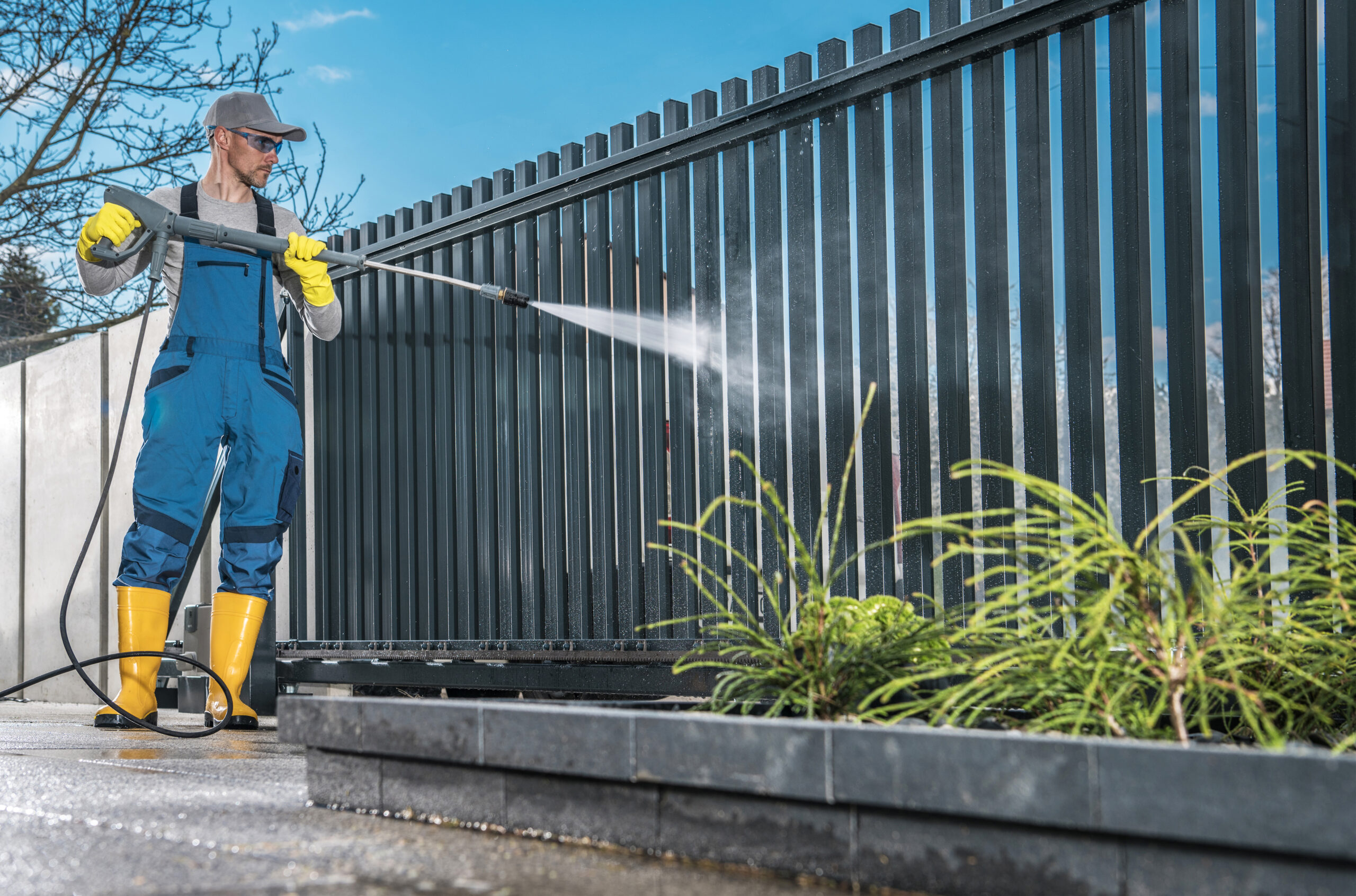 Services caucasian men washing his residential driveway gate