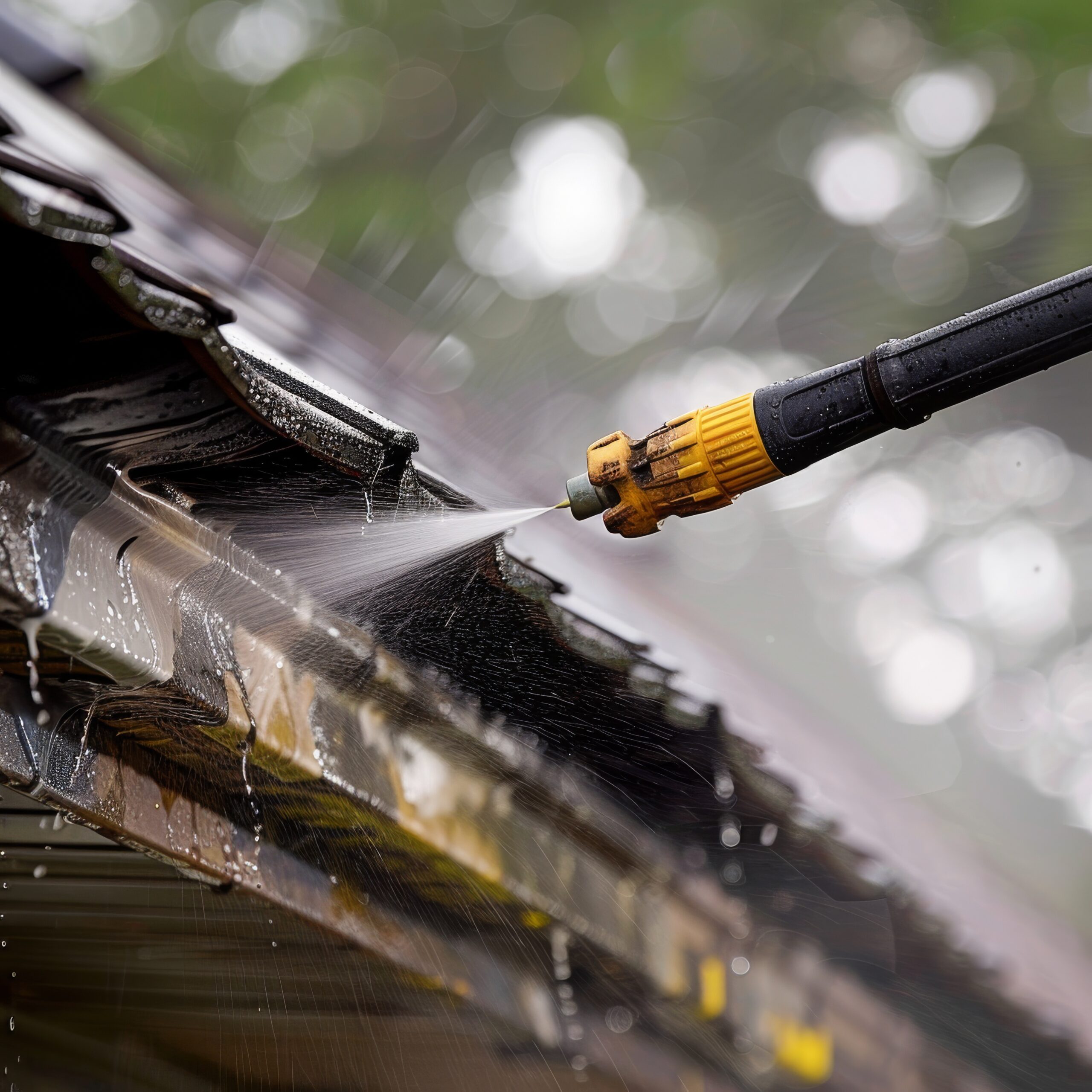 Services close up of meticulous cleaning of spring rain gutters with a pressure washer, highlighting